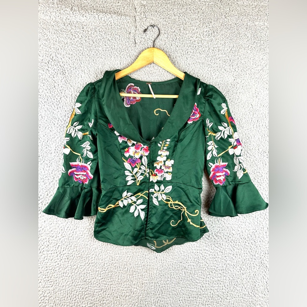 Free People Deep Green Embroidered Floral Peplum Top
